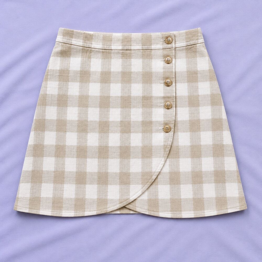 Madewell Plaid Wrap Mini Skirt Beige & White Gingham Linen Blend. Size 2 (XS)